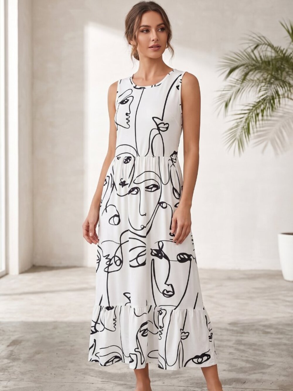 Sleeveless White Maxi Dress with Abstract Black Line Print